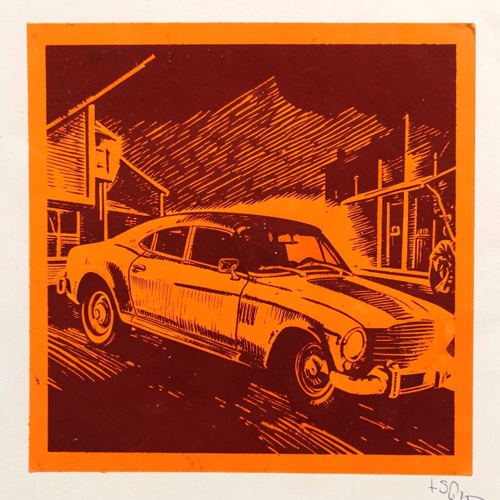 Linolschnitt-Illustration in Marineblau und Orange von einer offenen Weltkarte mit stilisierten Sprechblasen, ruhige und einladende Atmosphäre