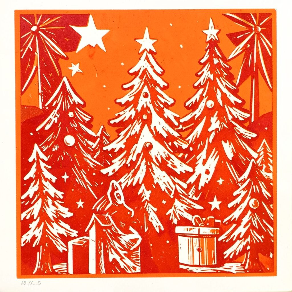 Stilisierte Linolschnittdarstellung in tiefem Marineblau und warmem Orange, die neuseeländische Landschaft und Sprachsymbole in einem flachen, grafischen Druck vereint.